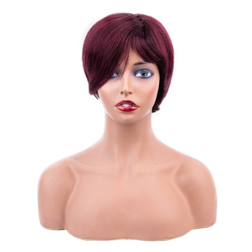 Uglam Red/99j Machine Short Wig With Bangs Virgin Hair